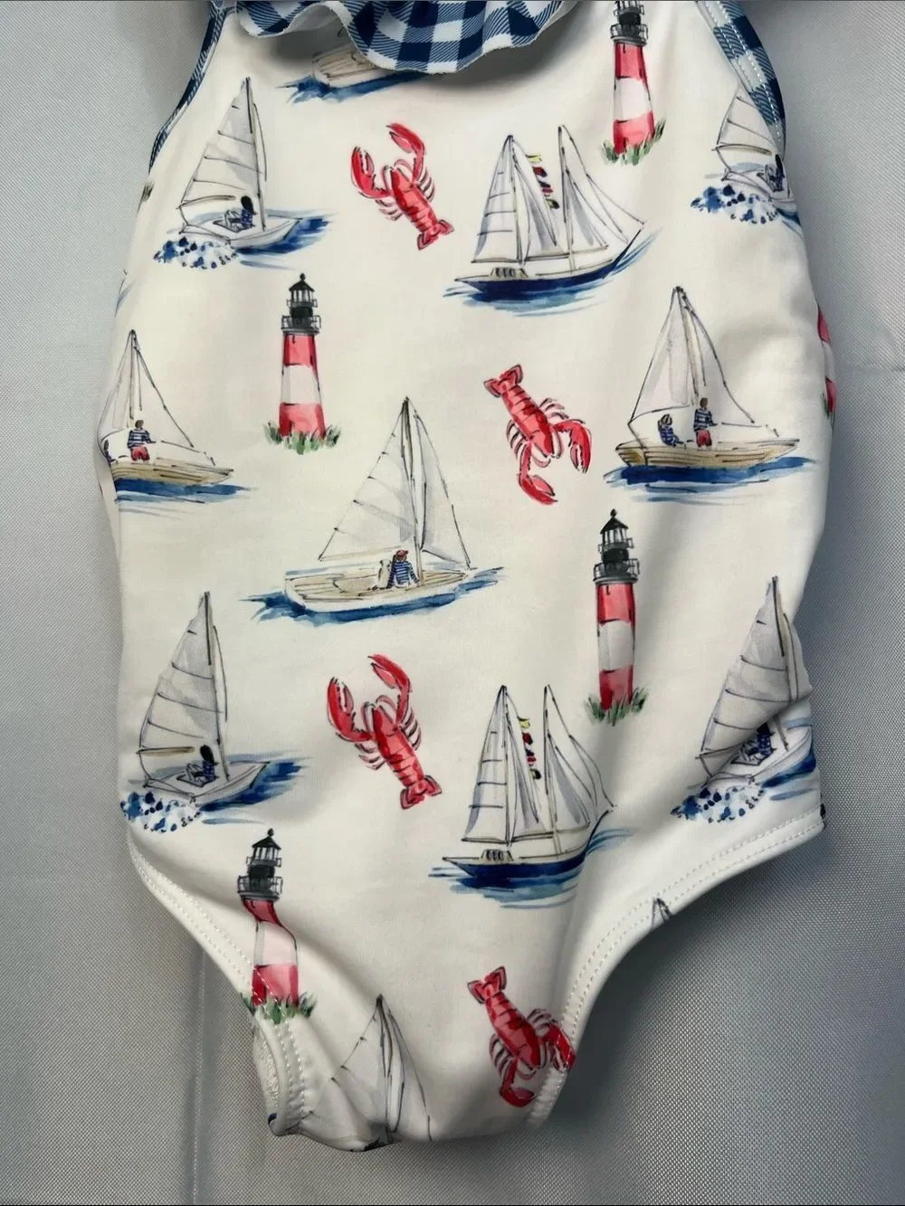 Smocking Bird boat lighthouse and lobster print one piece swimsuit size 18 month